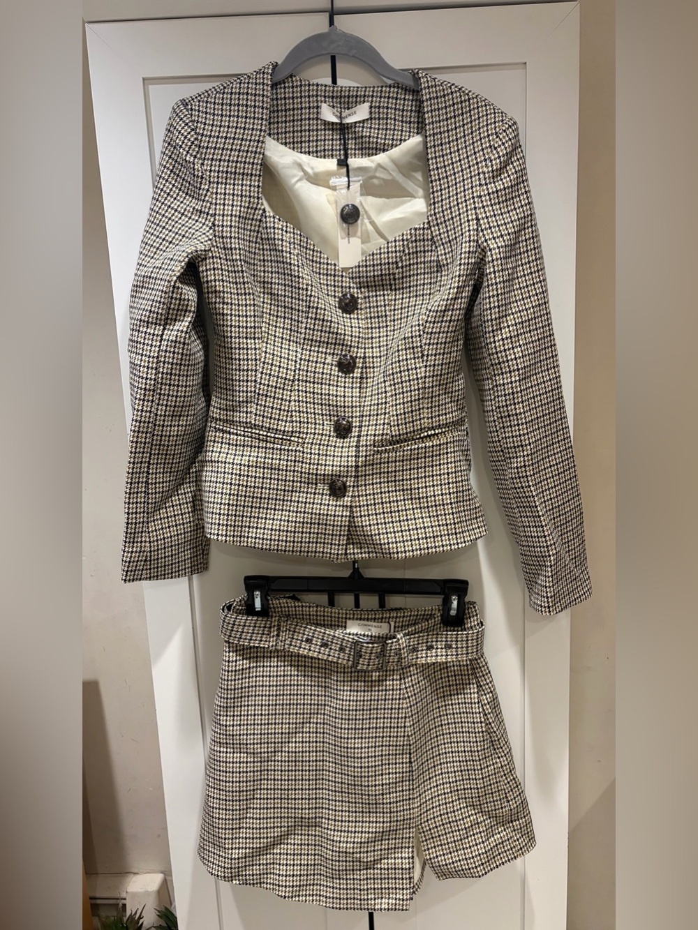 NWT The Commense Houndstooth tailored suit set Belted mini Skort size XS